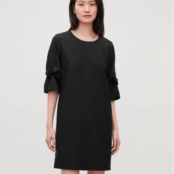 cos ruched dress COS Women's Ruched Dropped-Waist Poplin Midi Dress in White